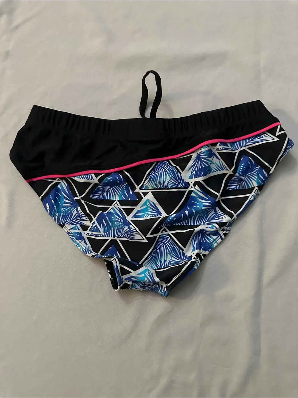 Andrew Christian Black Swim Trunks with Blue Palm Print and Pink Trim
